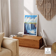 Victoria Falls Zimbabwe Poster displayed in a stylish interior, showcasing the stunning beauty of Victoria Falls.