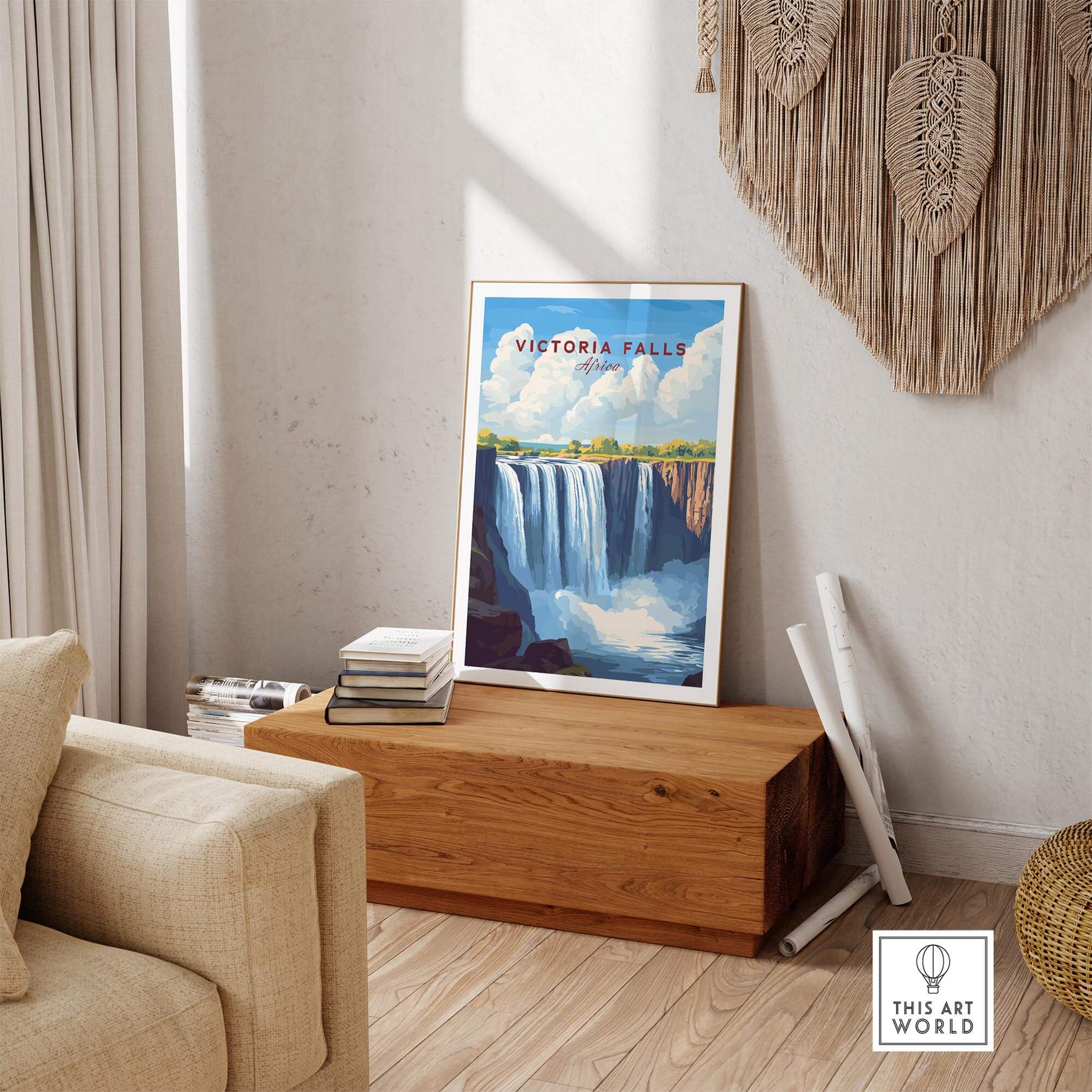 Victoria Falls Zimbabwe Poster displayed in a stylish interior, showcasing the stunning beauty of Victoria Falls.