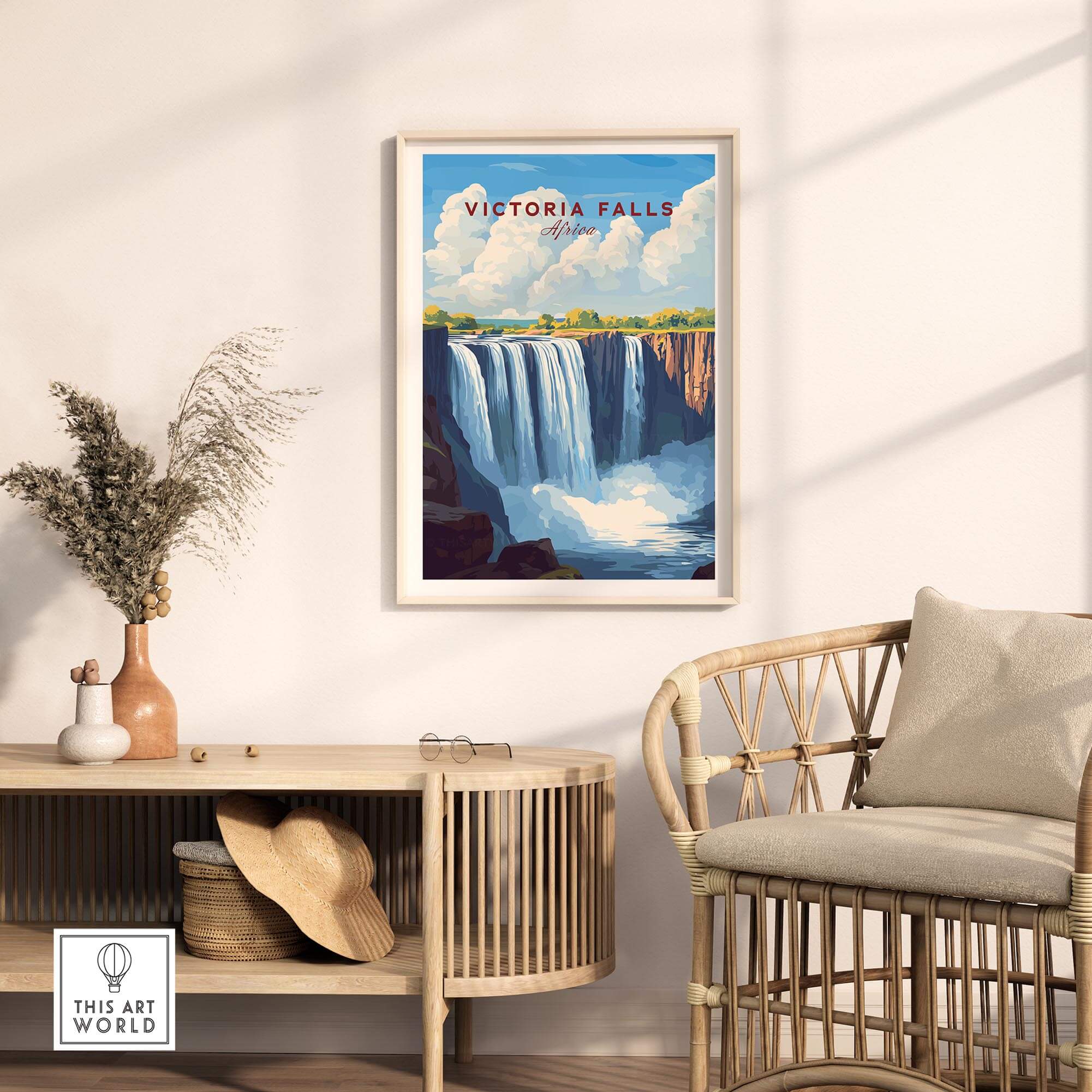 Victoria Falls Zimbabwe Poster displayed in a modern living room setting with natural decor and sunlight.