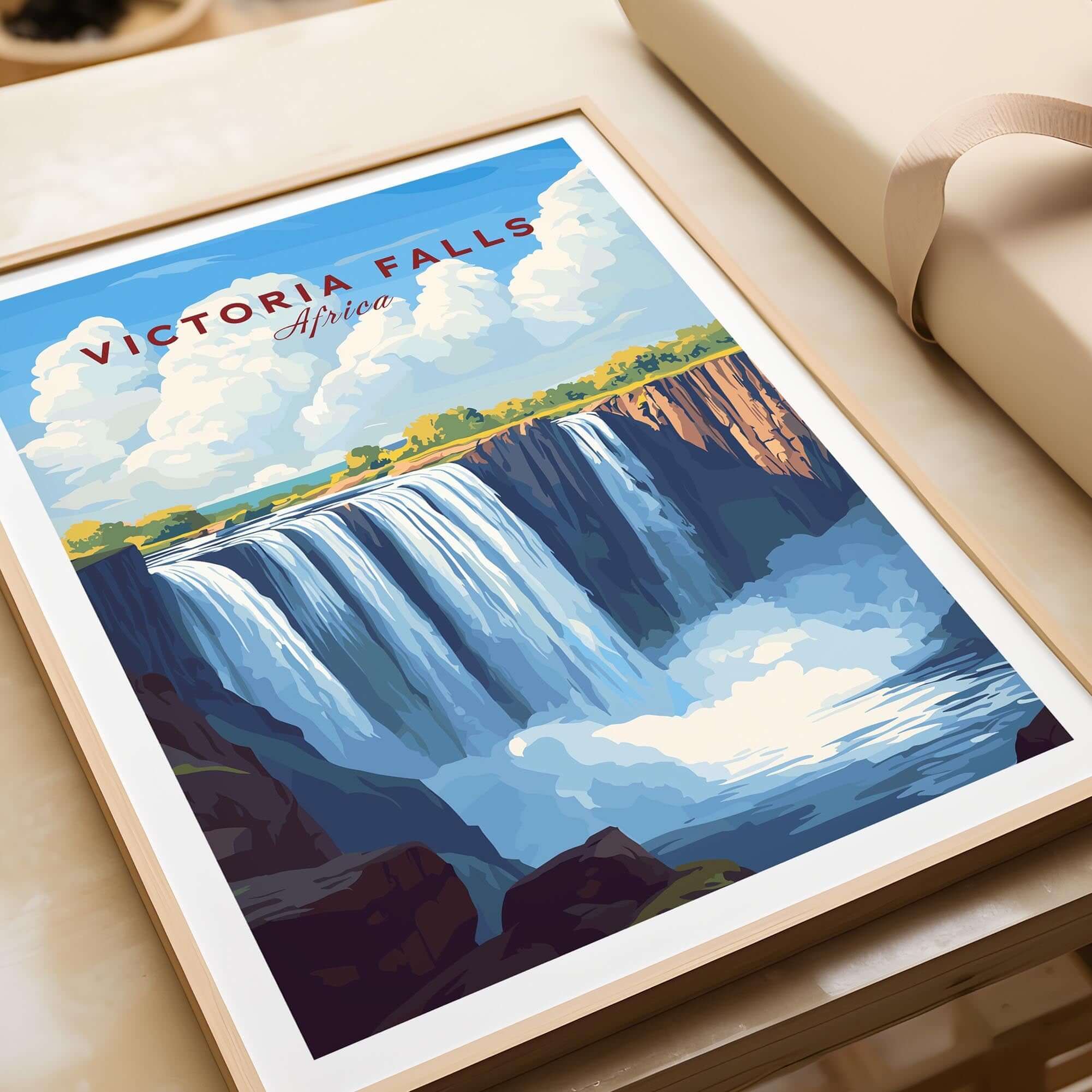 Victoria Falls Zimbabwe Poster featuring stunning artwork of the iconic waterfall in a decorative frame.