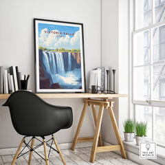 Victoria Falls Zimbabwe Poster displayed in a stylish home office setting, showcasing the majestic beauty of the iconic waterfall.