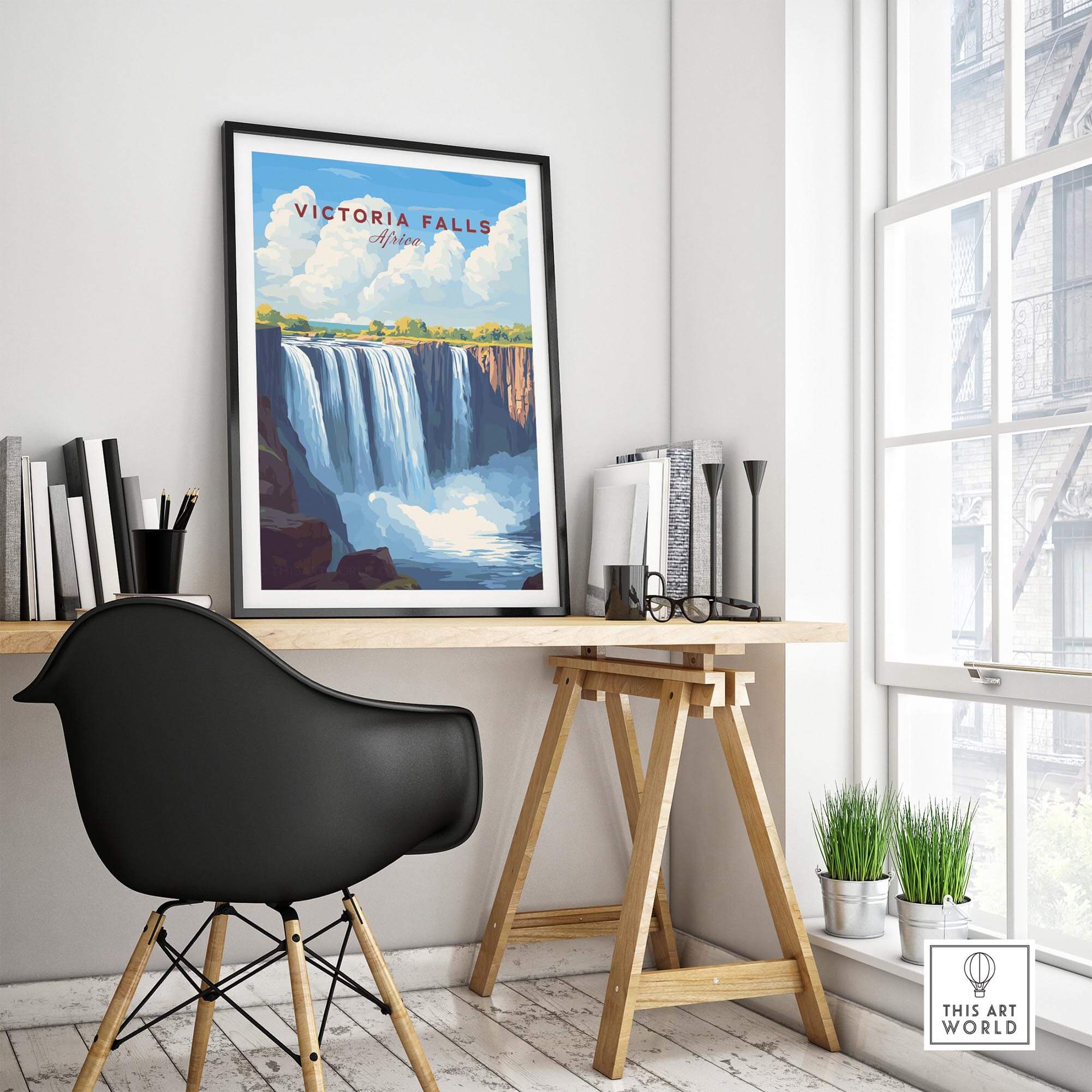 Victoria Falls Zimbabwe Poster displayed in a stylish home office setting, showcasing the majestic beauty of the iconic waterfall.