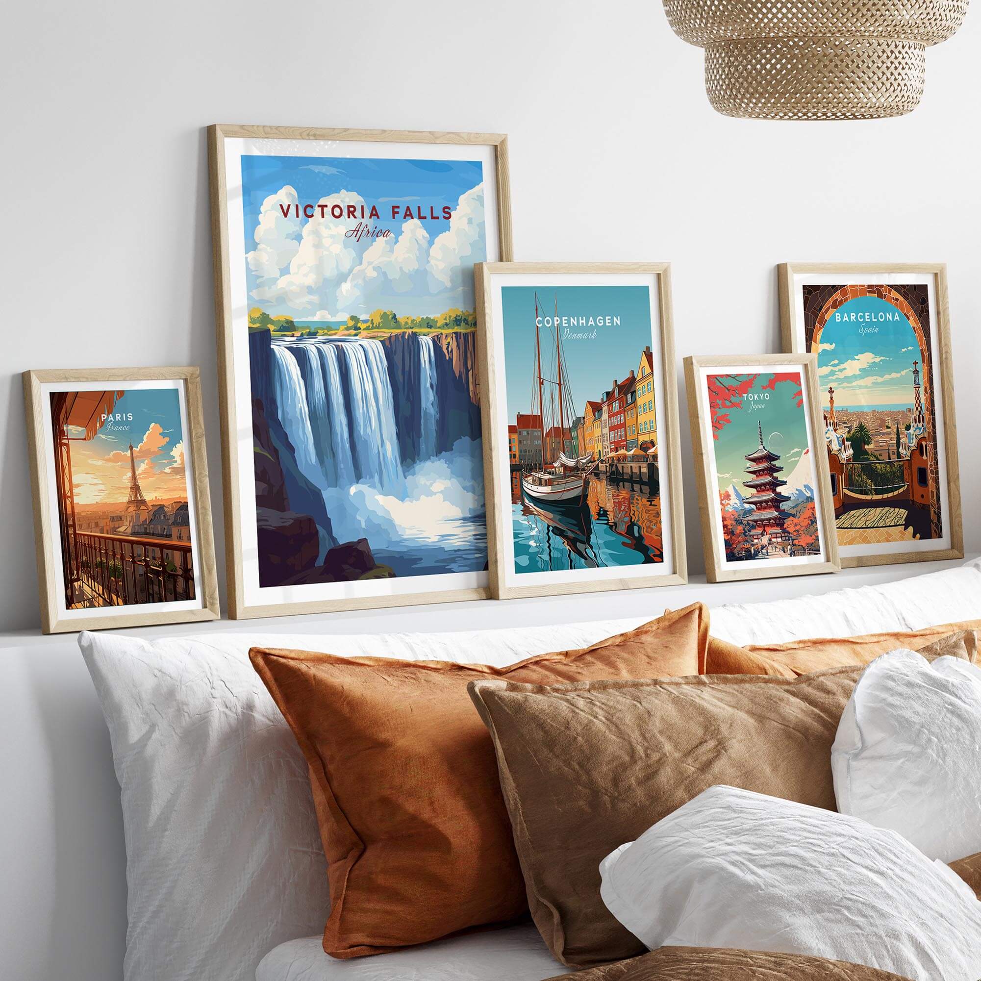 Victoria Falls Zimbabwe Poster displayed among travel-themed posters in a cozy home setting.