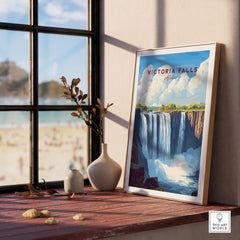 Victoria Falls Zimbabwe Poster displayed indoors, showcasing stunning waterfall imagery and perfect for home decor.