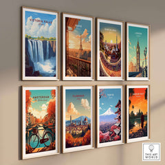 Victoria Falls Zimbabwe Poster featuring stunning artwork of the majestic falls and other iconic travel destinations.