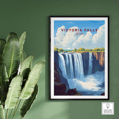 Victoria Falls Zimbabwe Poster showcasing the majestic waterfall surrounded by lush greenery.