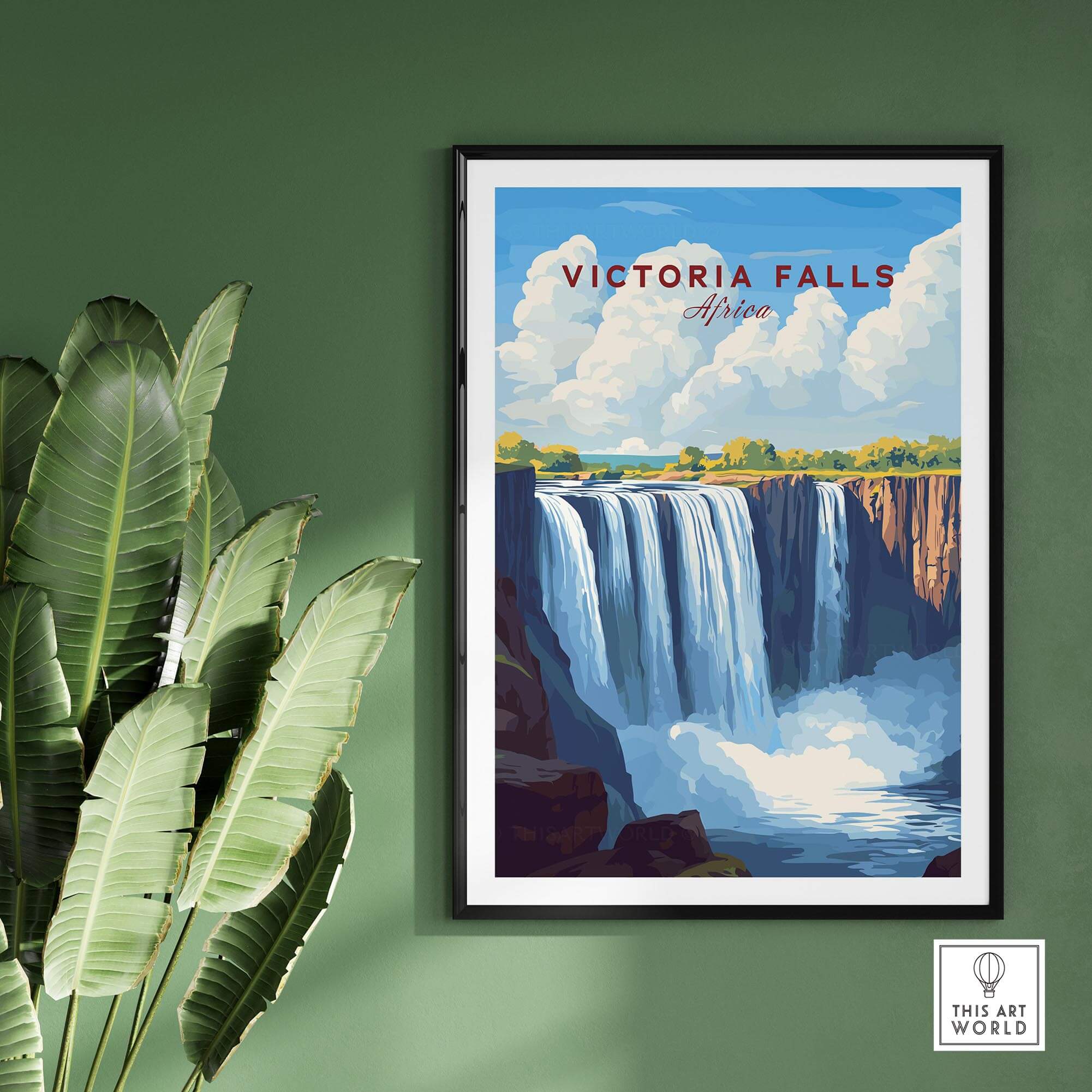 Victoria Falls Zimbabwe Poster showcasing the majestic waterfall surrounded by lush greenery.
