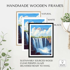 Victoria Falls Zimbabwe Poster framed in natural, white, and black handmade wooden frames, ready to hang.