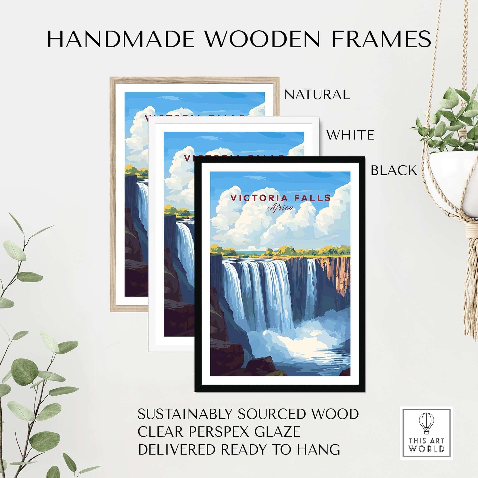 Victoria Falls Zimbabwe Poster framed in natural, white, and black handmade wooden frames, ready to hang.