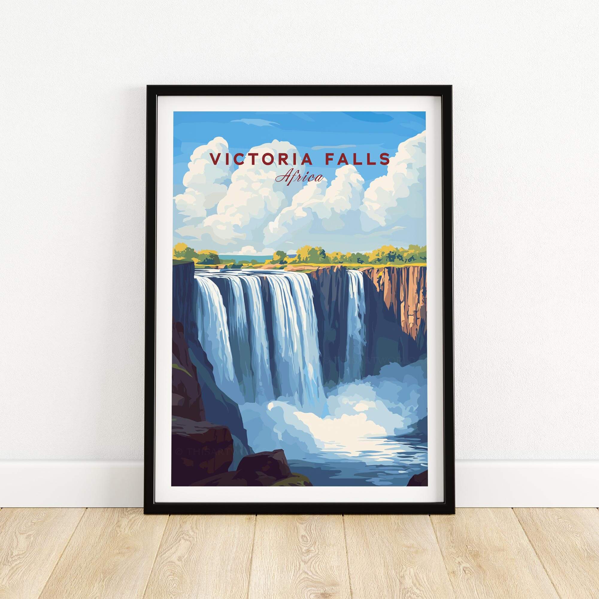 Victoria Falls Zimbabwe Poster showcasing the majestic waterfall and vibrant blue skies, perfect for home decor.