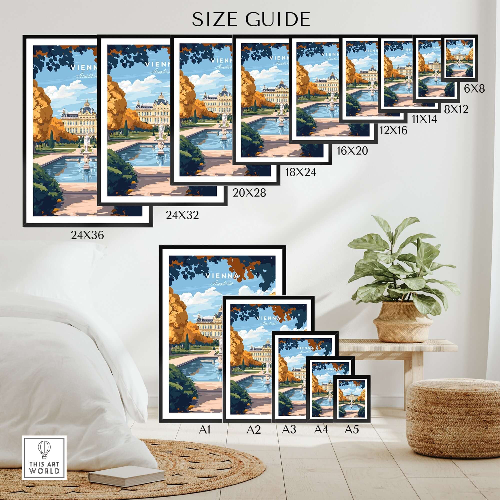 Size guide for Vienna Art Print with various frame sizes showcased in a cozy interior setting.