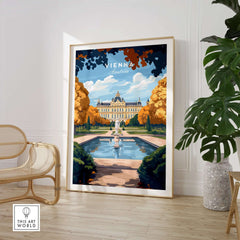 Vienna Art Print showcasing a vibrant historic scene of Vienna with autumn foliage and a fountain in a modern interior setting.