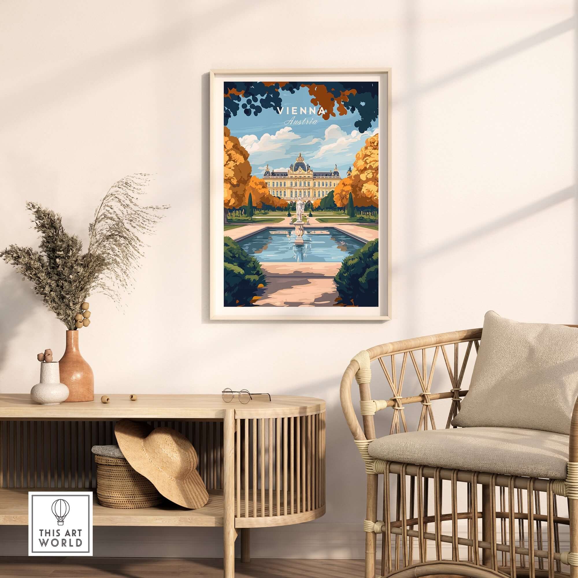 Vienna Art Print displayed in a modern living room setting, showcasing the beauty of Vienna's architecture and gardens.