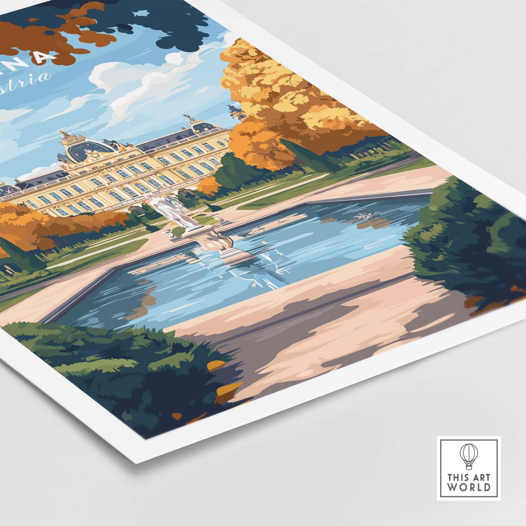 Vienna Art Print showcasing a beautiful view of a historic palace surrounded by vibrant fall foliage and a serene pond.