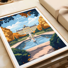 Vienna Art Print showcasing a vibrant landscape of a historic palace with a fountain in a beautiful garden setting.