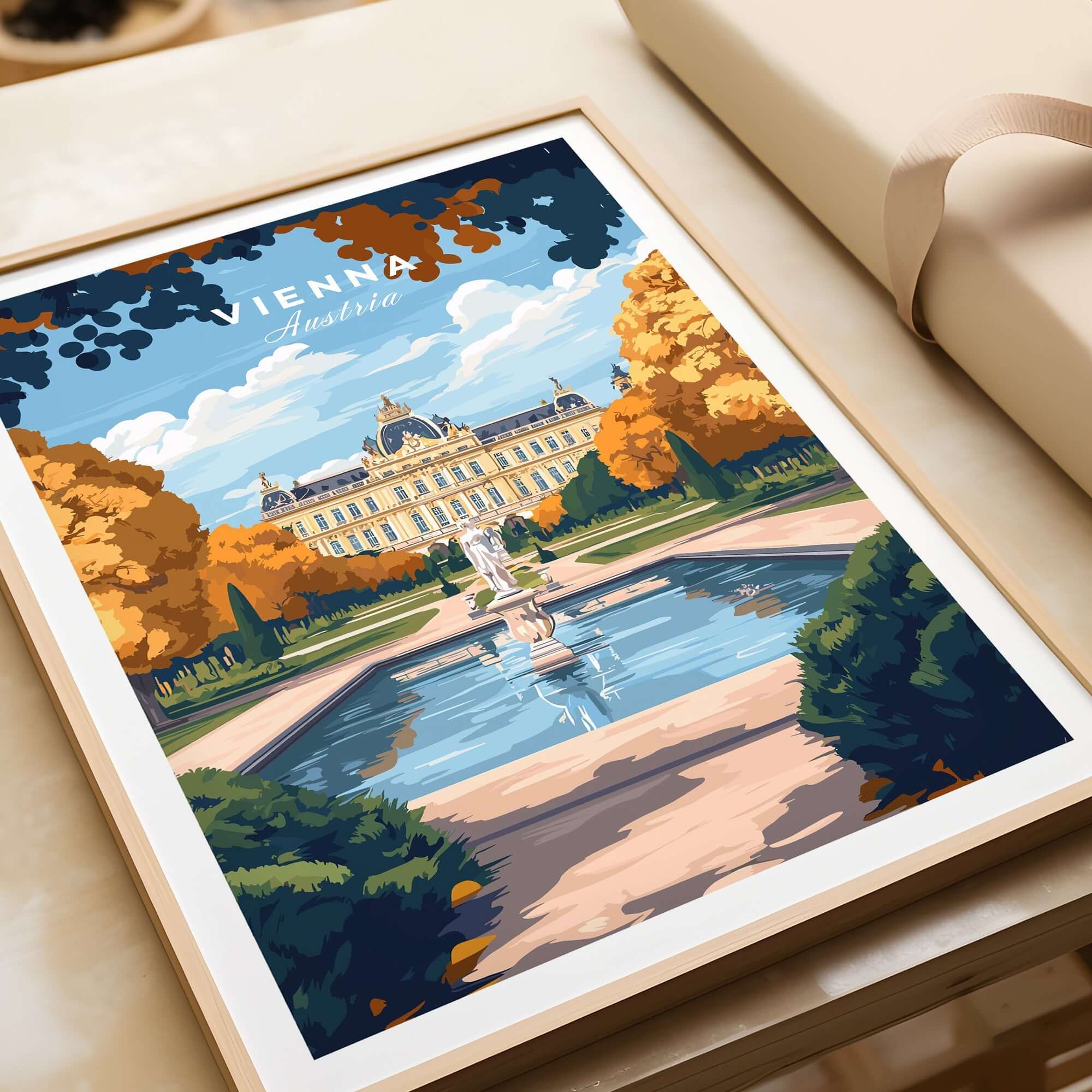 Vienna Art Print showcasing a vibrant landscape of a historic palace with a fountain in a beautiful garden setting.