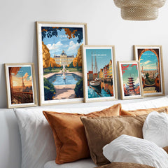Vienna Art Print showcased among other city-themed art prints in a beautifully decorated living room setting.