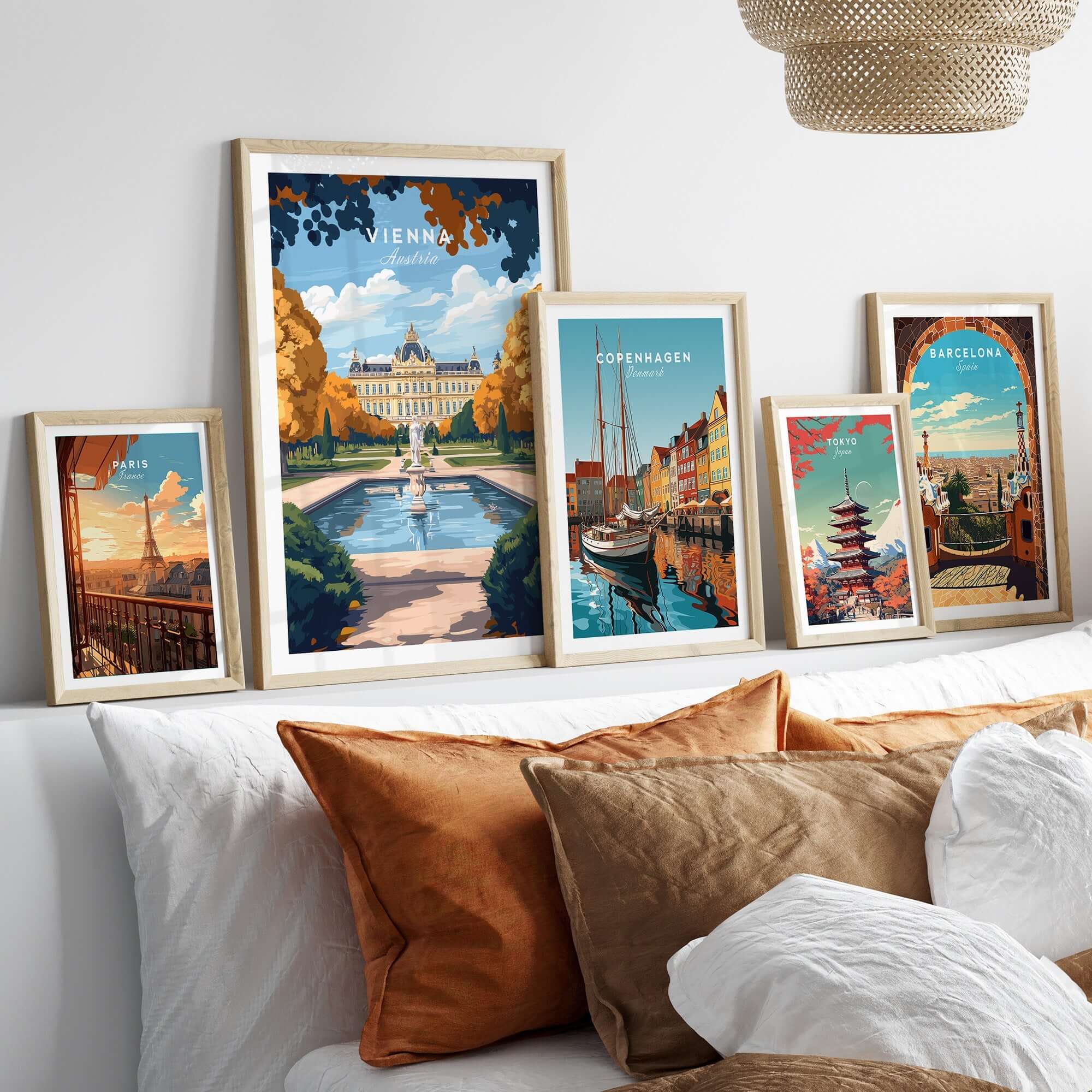 Vienna Art Print showcased among other city-themed art prints in a beautifully decorated living room setting.