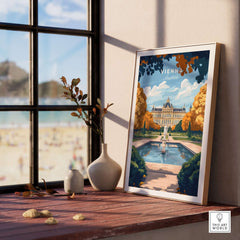 Vienna Art Print displayed on a wooden table near a window, showcasing the beauty of Vienna's architecture and landscapes.