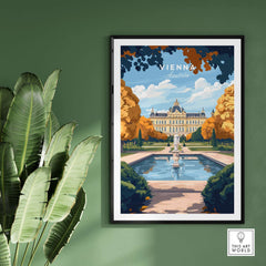 Vienna Art Print featuring a vibrant scene of a fountain in a lush garden with historic architecture in Vienna.