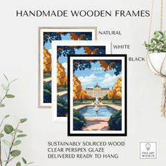 Vienna Art Print displayed in handmade wooden frames: natural, white, and black options for wall decor.