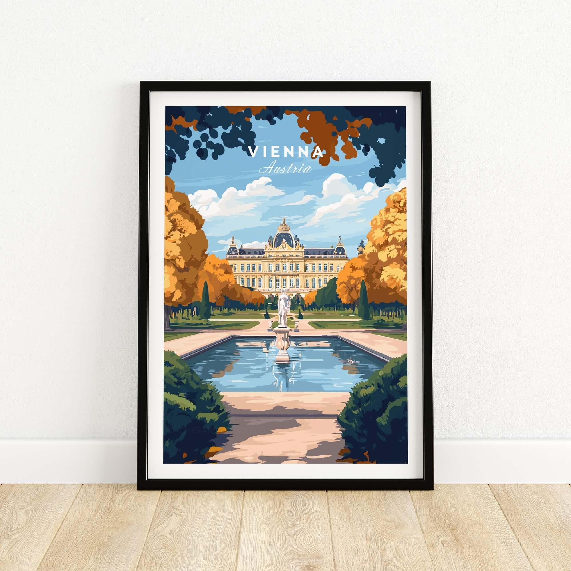 Vienna Art Print showcasing a vibrant artistic depiction of Vienna, Austria with historic architecture and beautiful gardens.