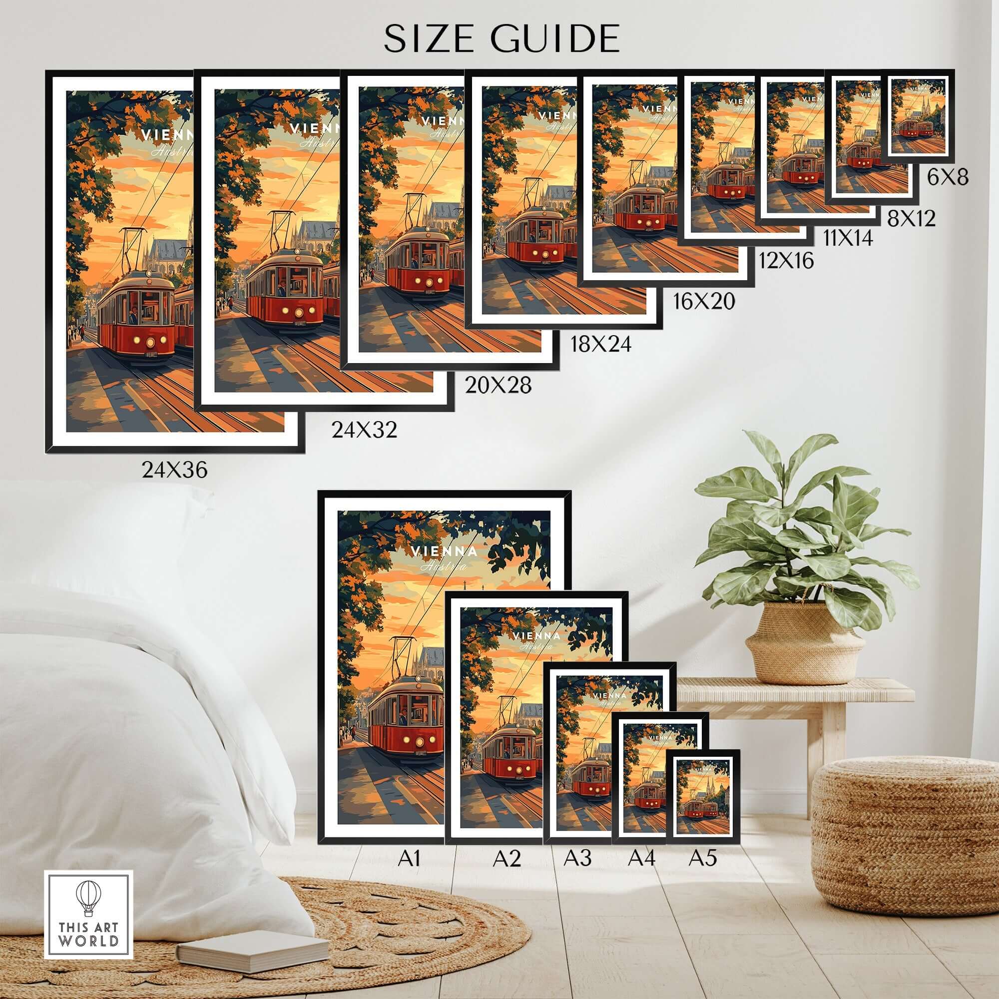 Vienna Poster Austria size guide showcasing various dimensions for home decor.