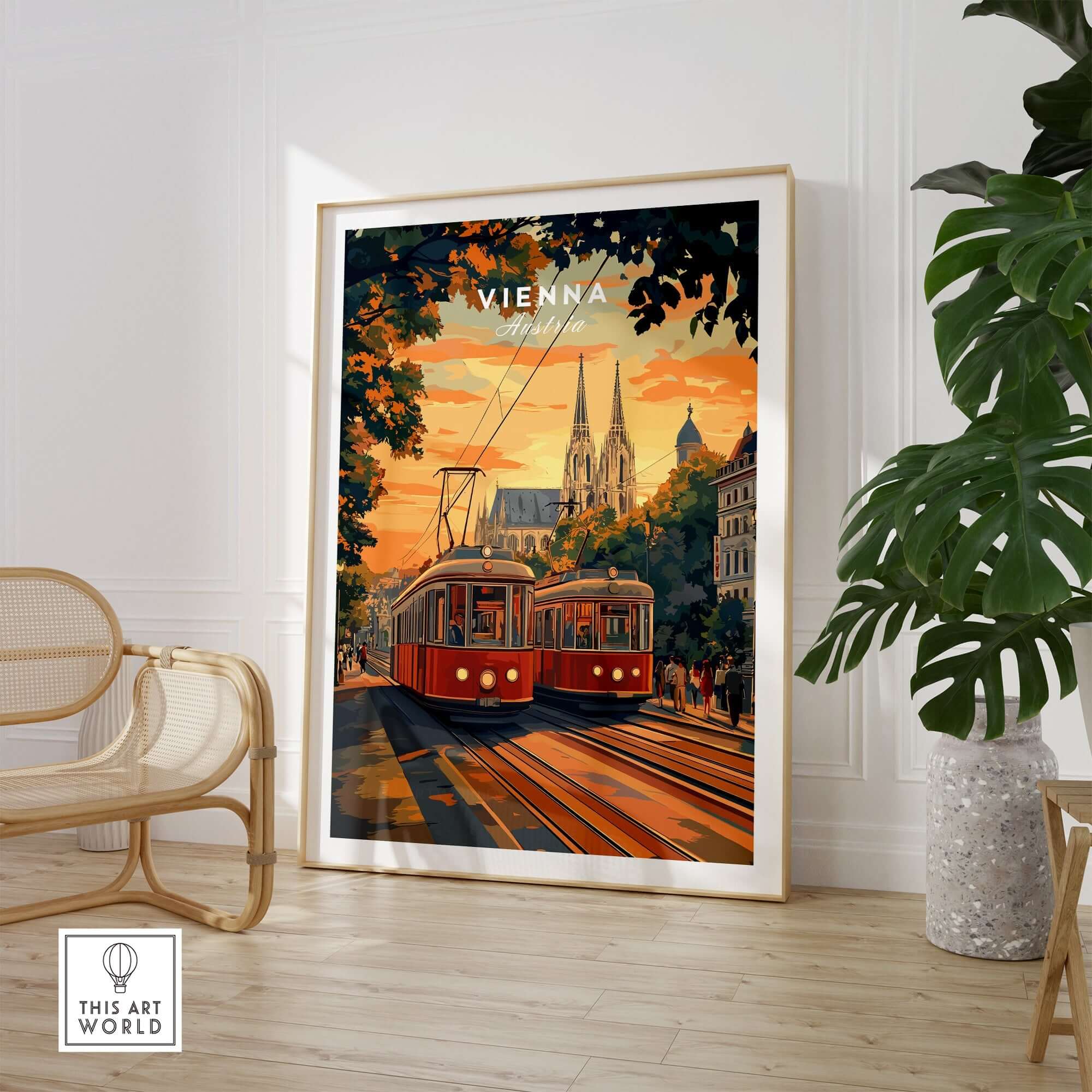 Vienna Poster Austria showcasing a vibrant cityscape with trams, perfect for travel lovers.