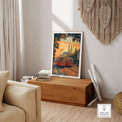 Vienna Poster Austria displayed in a stylish living room with tram and cityscape design, enhancing home decor.
