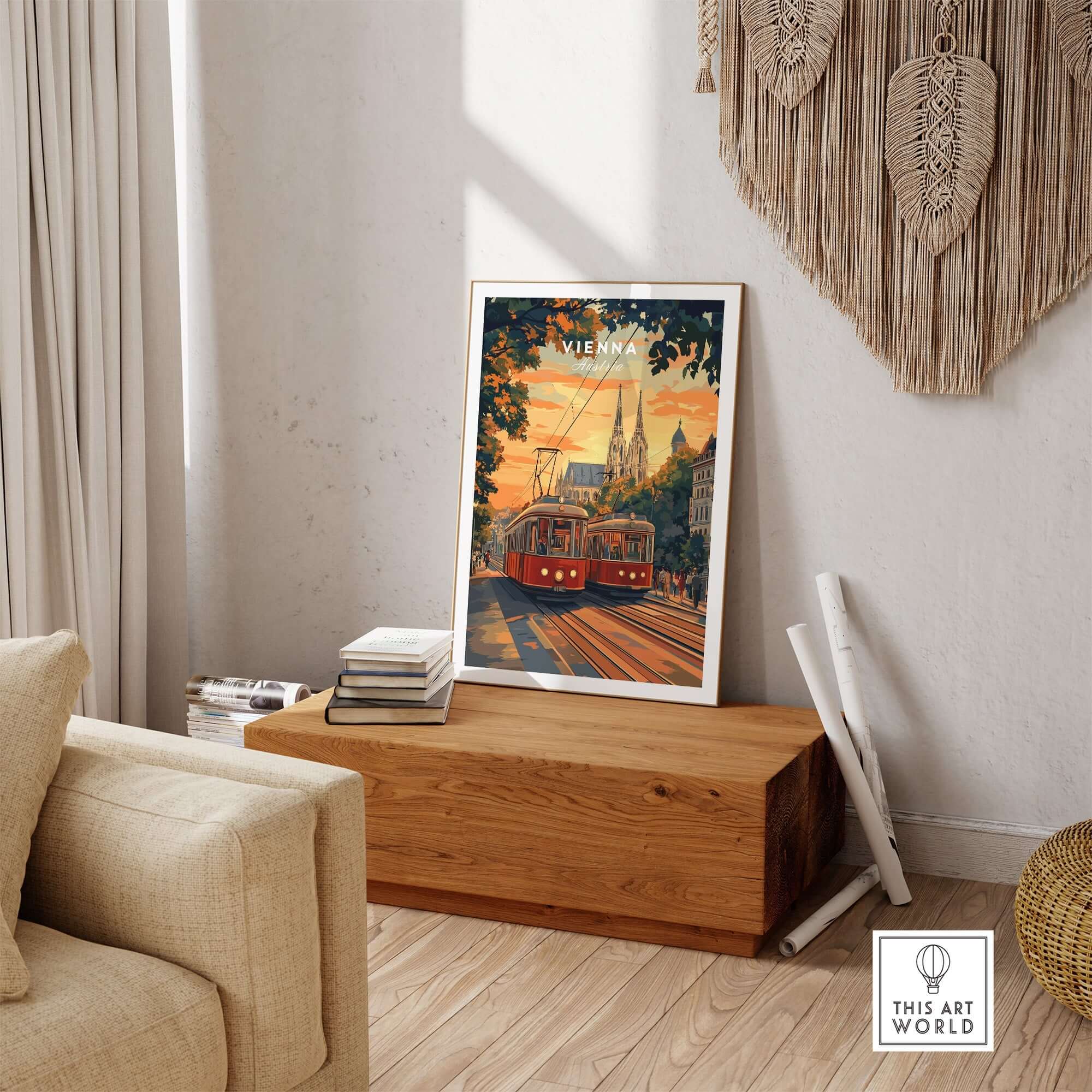 Vienna Poster Austria displayed in a stylish living room with tram and cityscape design, enhancing home decor.