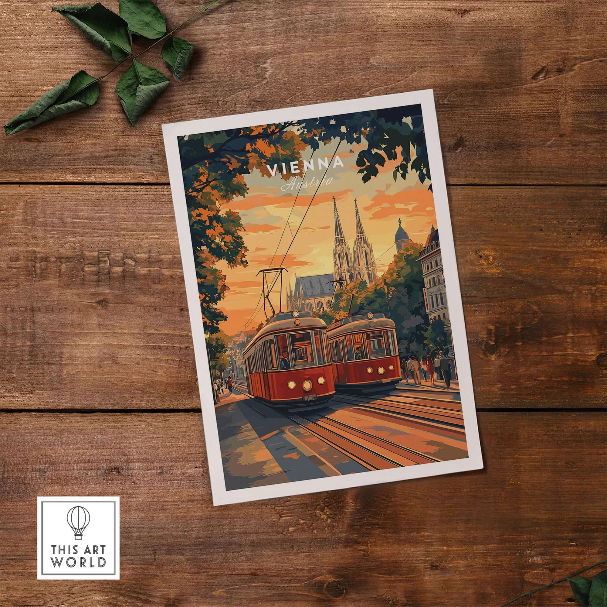 Vienna Poster Austria showcasing the cityscape with trams at sunset, perfect for home decor.
