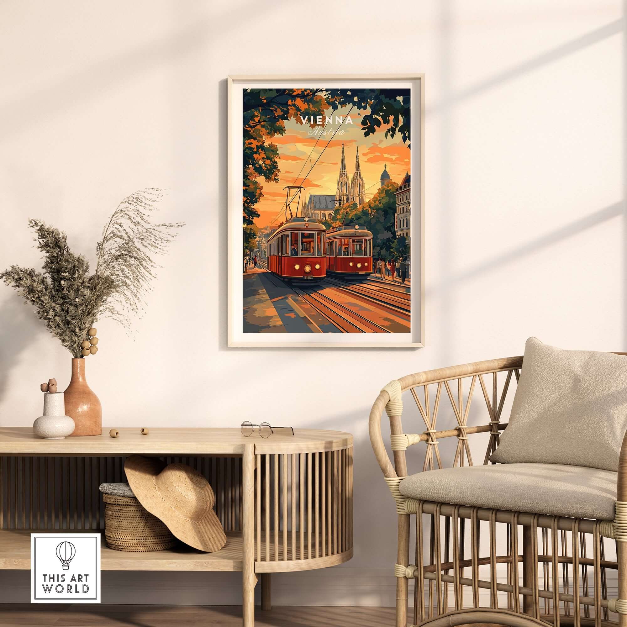 Vienna Poster Austria showcasing the cityscape with a tram, adding elegance to home decor.