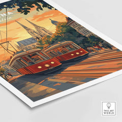 Vienna Poster Austria showcasing a vintage tram with a stunning cityscape of Vienna in warm sunset hues.