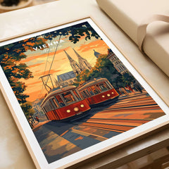 Vienna Poster Austria showcasing a colorful cityscape with trams and sunset in a stylish frame.