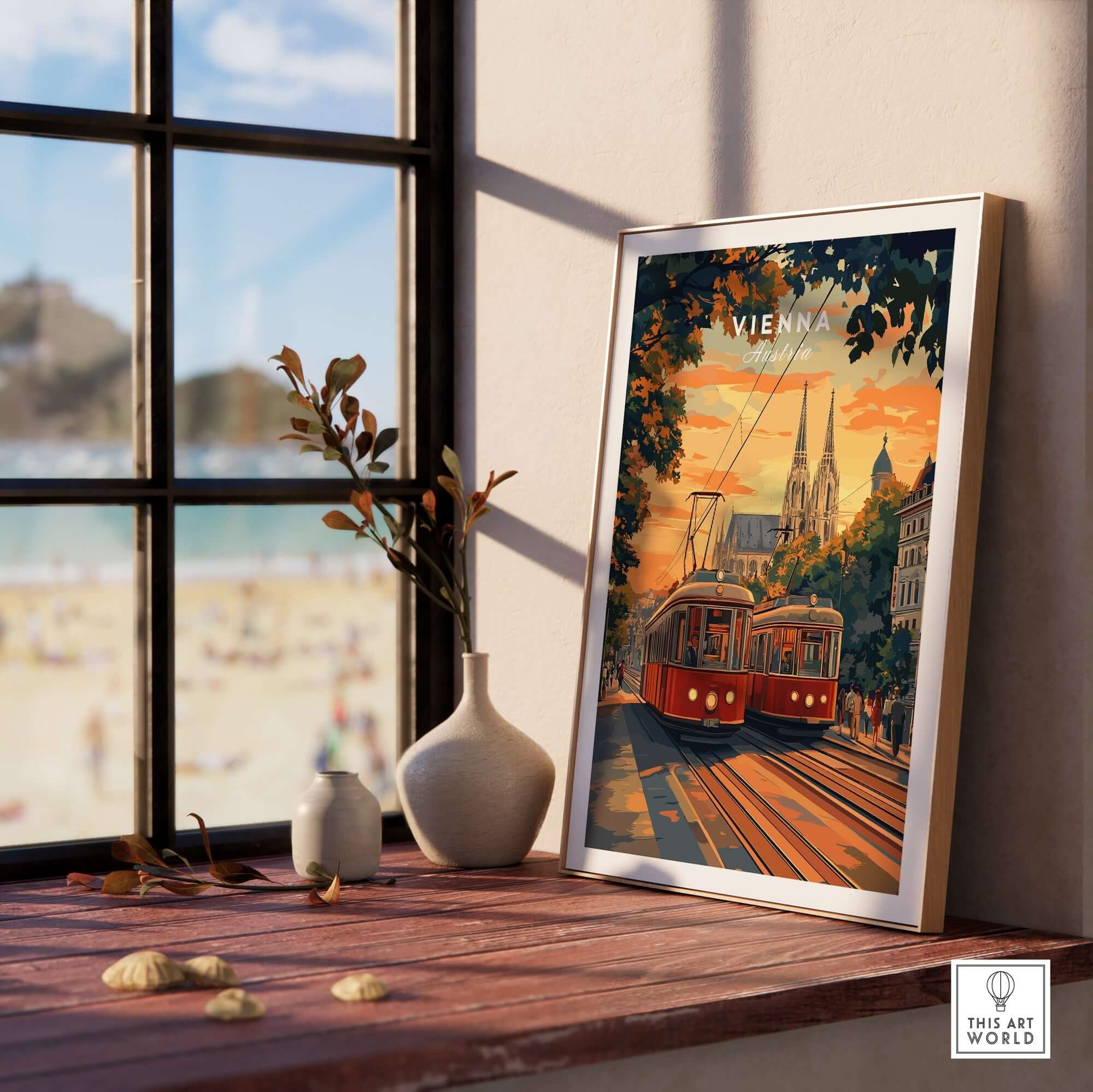 Vienna Poster Austria featuring a cityscape and tram, perfect for home decor and travel lovers.