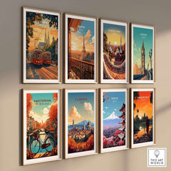 Vienna Poster Austria among a collection of travel-themed city posters showcasing famous landmarks.