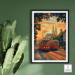 Vienna Poster Austria showcasing a vintage tram in the beautiful cityscape of Vienna, perfect for home decor.