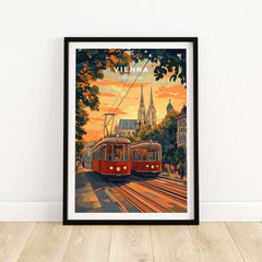 Vienna Poster Austria featuring a beautiful cityscape with trams and sunset in Vienna.