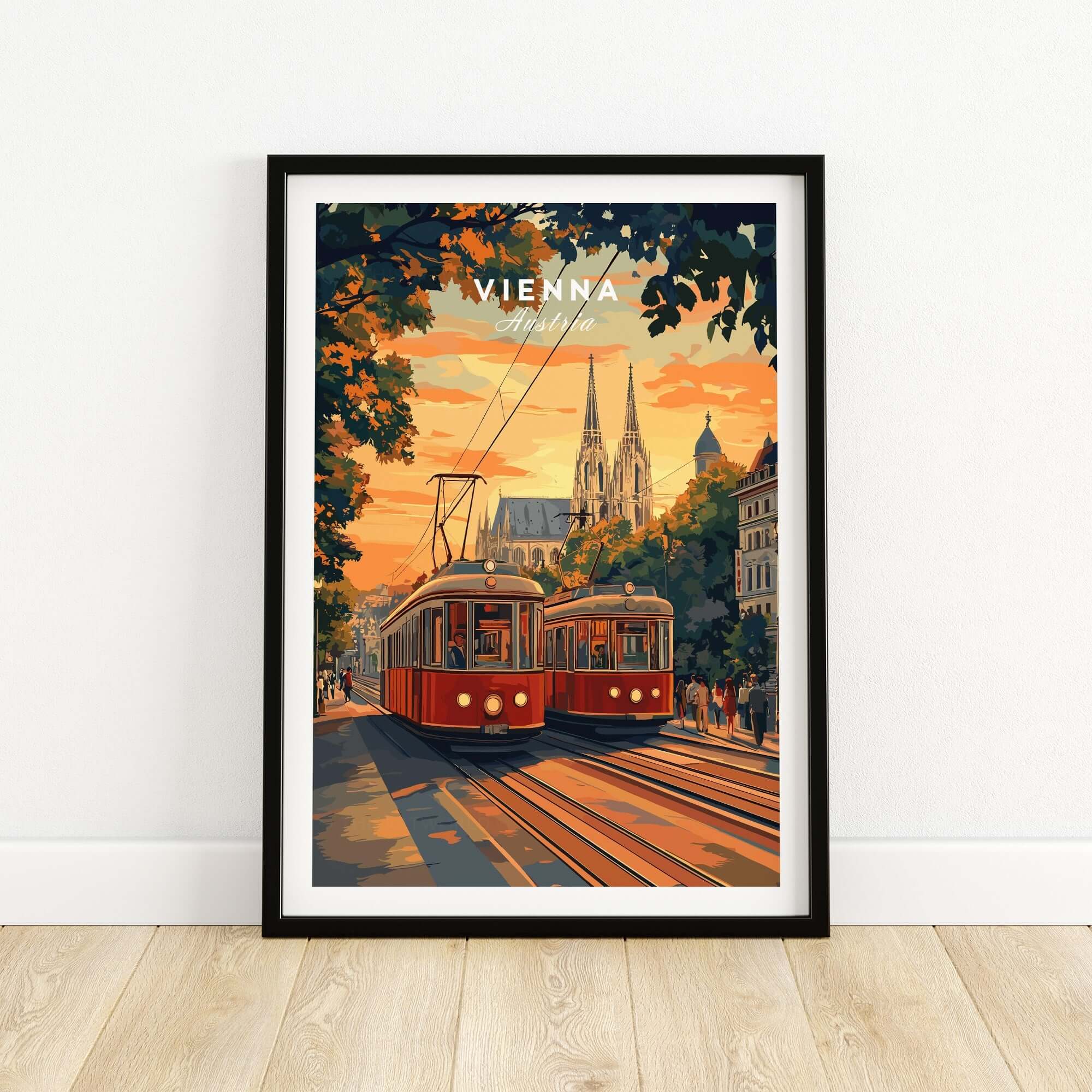 Vienna Poster Austria featuring a beautiful cityscape with trams and sunset in Vienna.