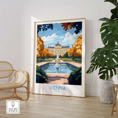 Vienna Print showcasing a stunning view of Vienna's architecture and gardens in a colorful art poster.
