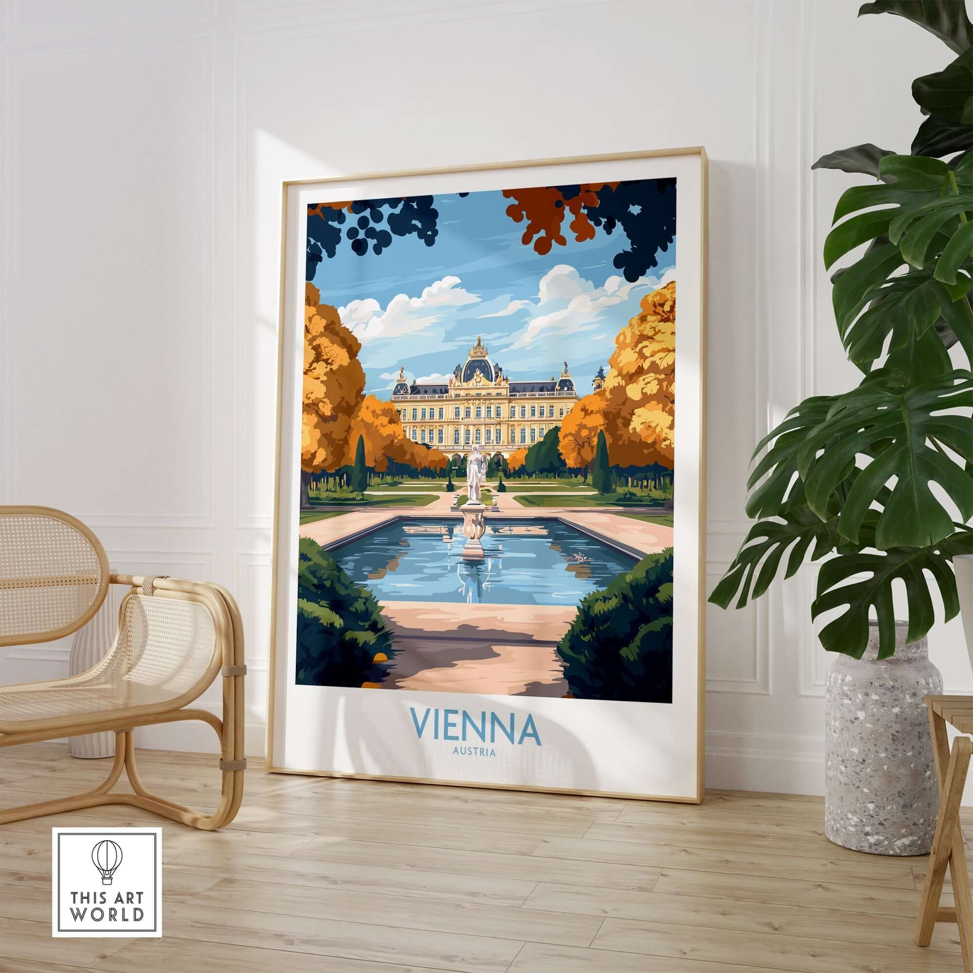 Vienna Print showcasing a stunning view of Vienna's architecture and gardens in a colorful art poster.