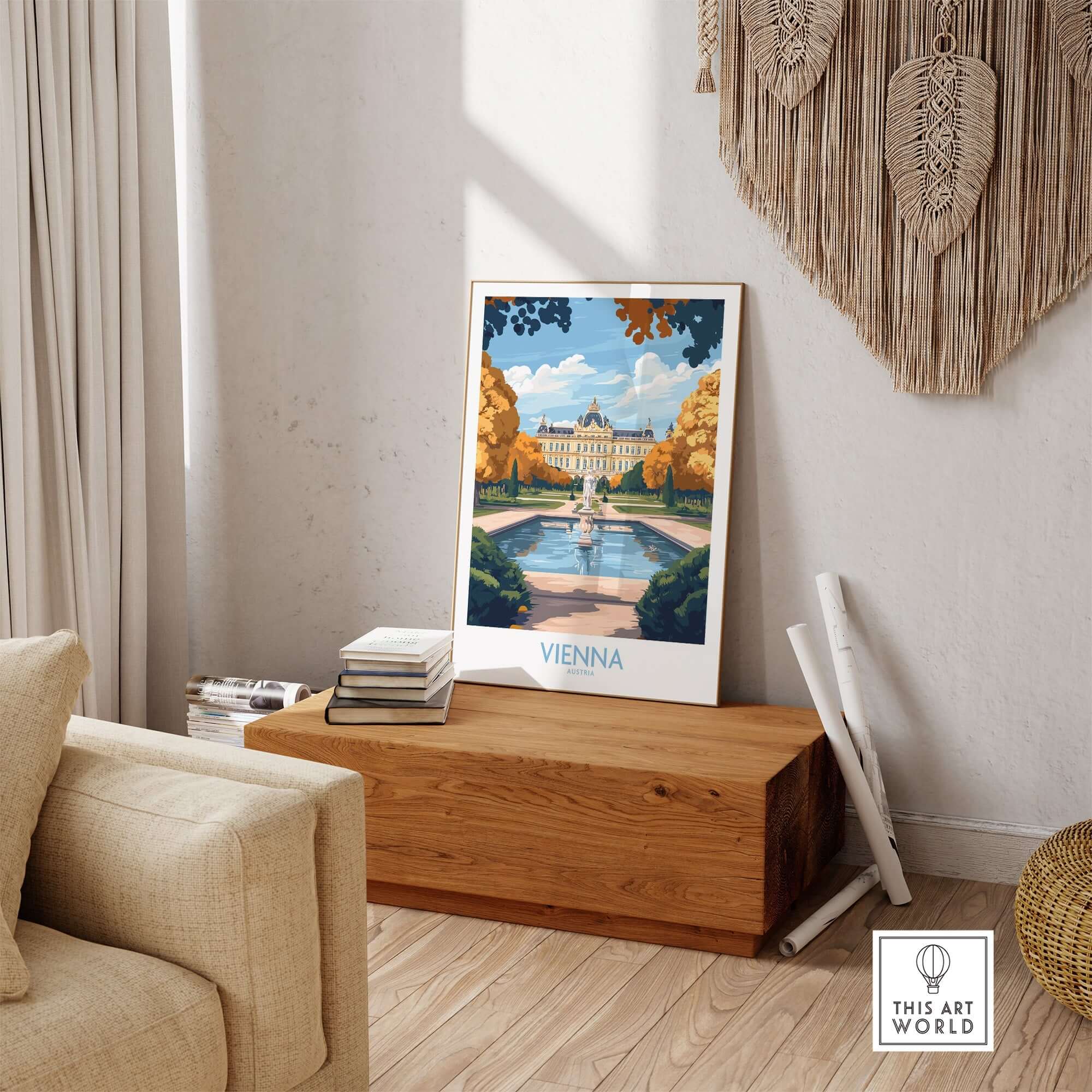 Vienna Print showcasing a beautiful travel poster of Vienna's architecture and charm in a stylish living room setting.