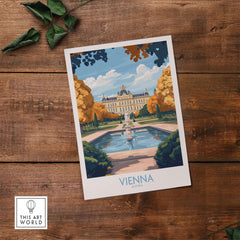 Vienna Print featuring stunning architecture and vibrant colors showcasing a beautiful park and fountain in Vienna, Austria.