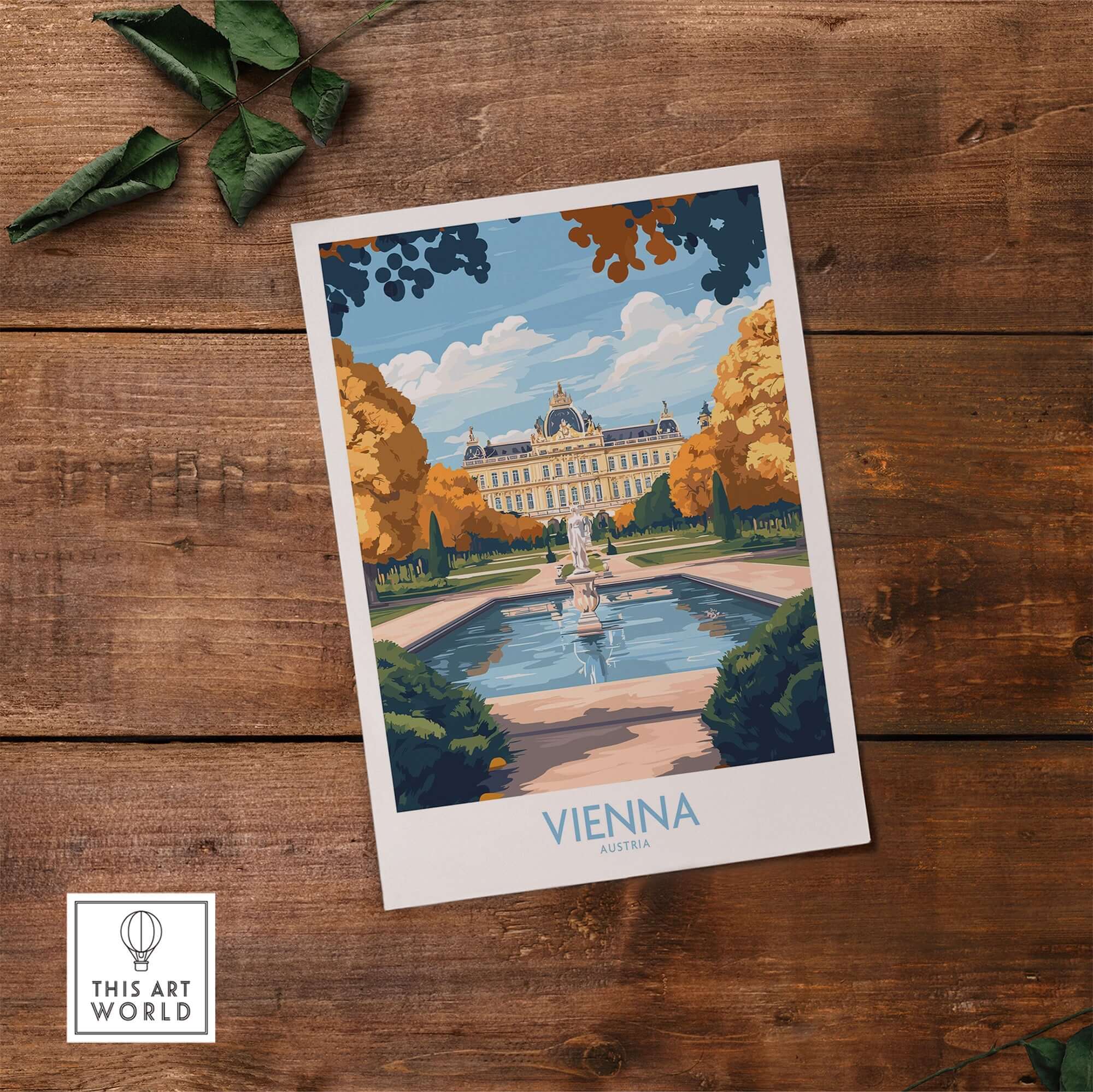 Vienna Print featuring stunning architecture and vibrant colors showcasing a beautiful park and fountain in Vienna, Austria.