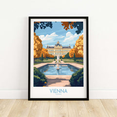 Vienna Print travel poster featuring stunning architecture and gardens of Vienna, Austria.