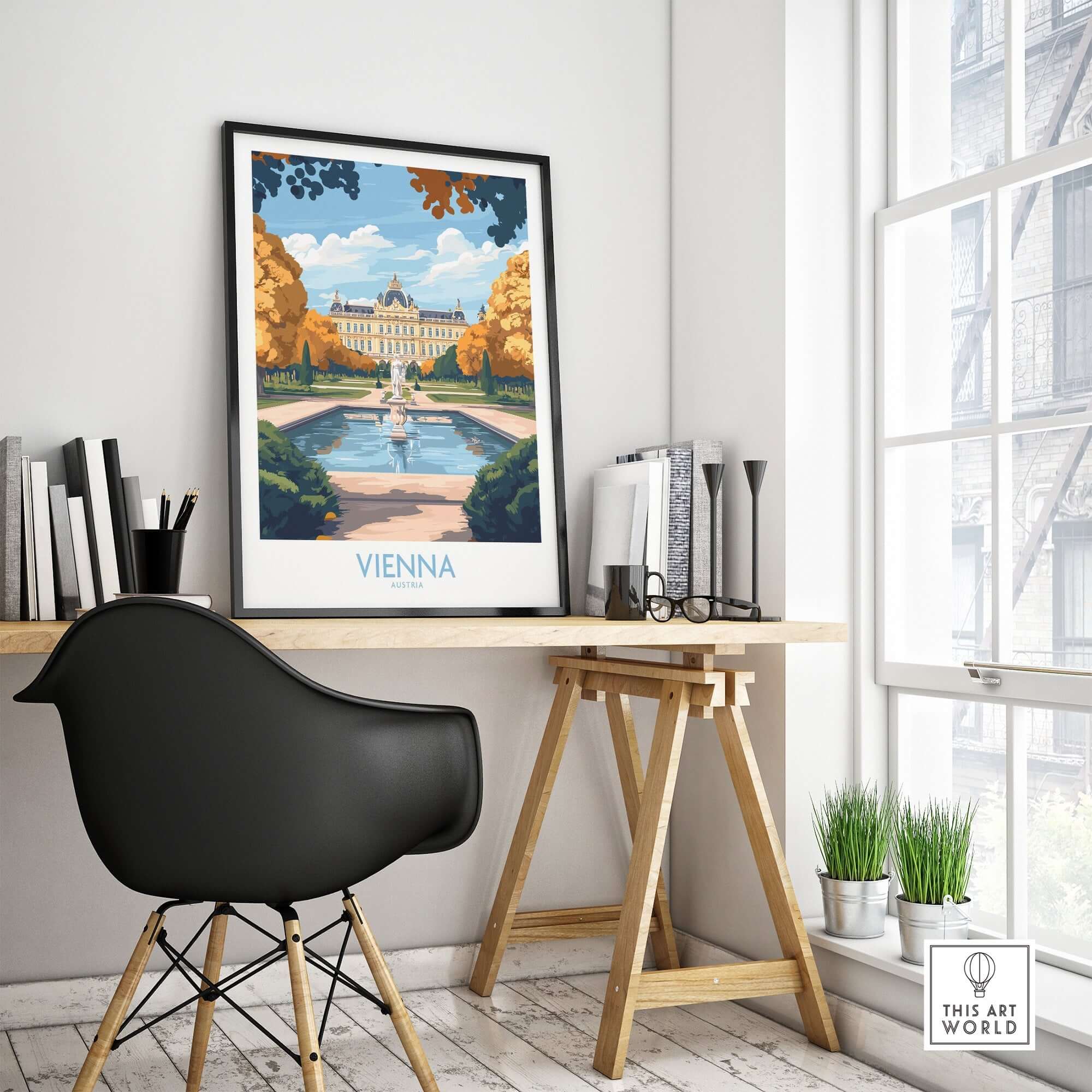 Vienna Print showcasing stunning architecture in a chic home office setting, perfect for adding charm to any space.