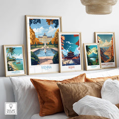 Vienna Print showcased among travel posters of various destinations in a stylish home setting.