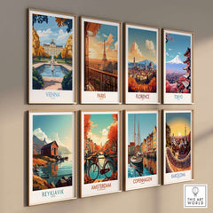 Vienna Print showcasing the stunning travel posters of Vienna and other cities on a wall.