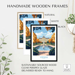 Handmade wooden frames in natural, white, and black showcasing Vienna Print travel poster.