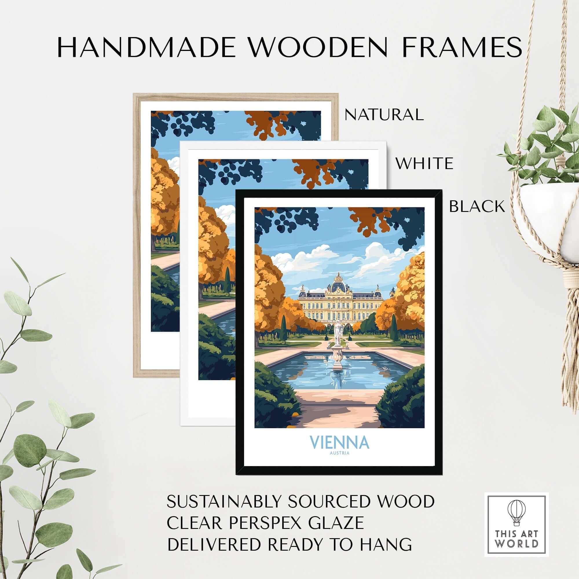Handmade wooden frames in natural, white, and black showcasing Vienna Print travel poster.